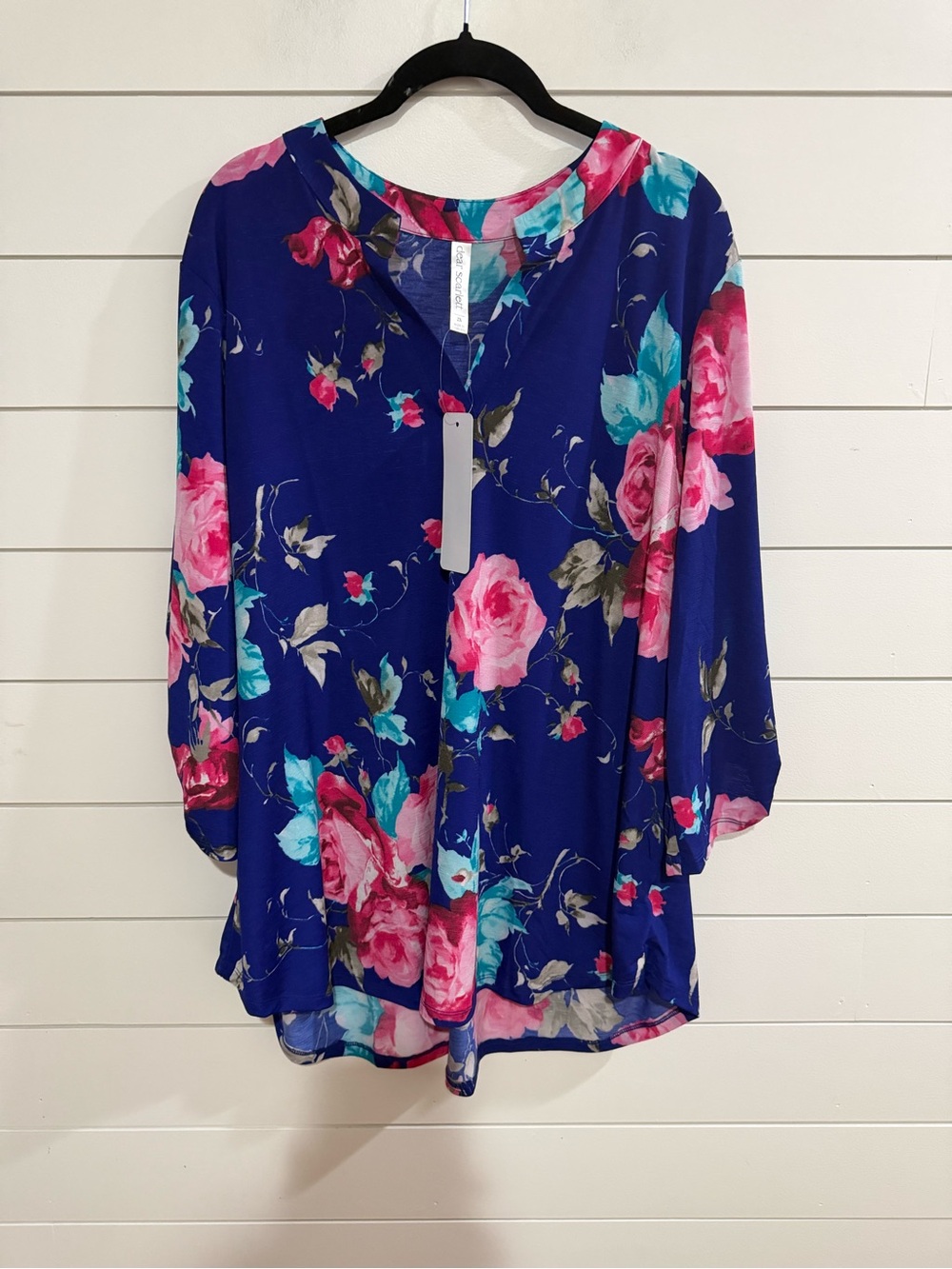 Dear Floral V-Neck Blouse - Navy with Pink Rose Print